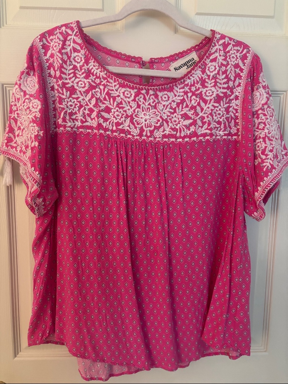 Savanna Jane Pink Embroidered Yoke Short Sleeve Blouse 2X